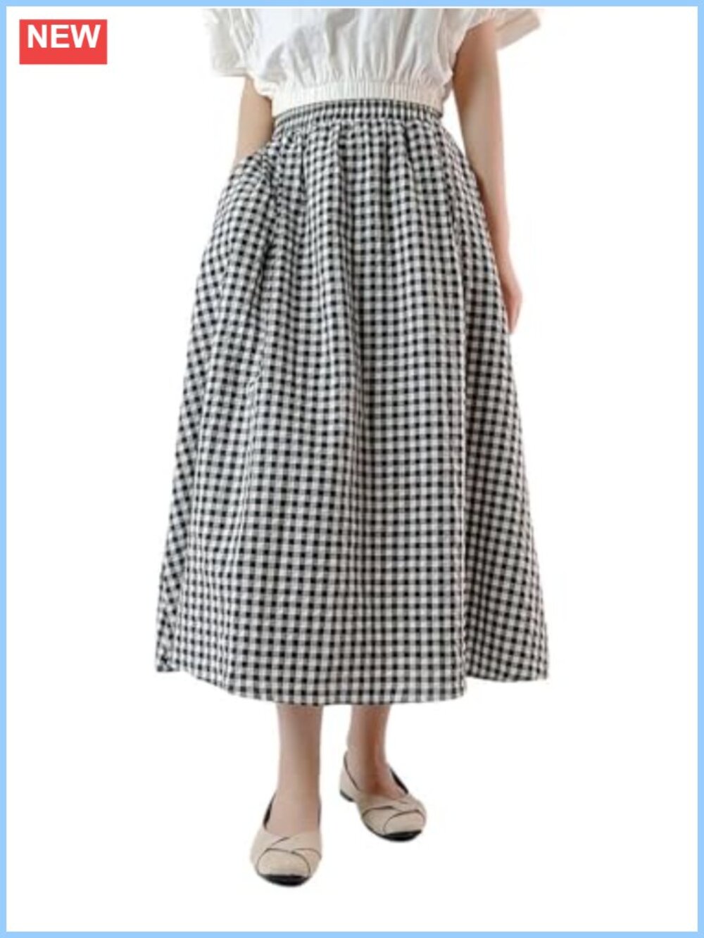 Plaid Gingham Swing Pleated Midi Long Skirt with Pockets